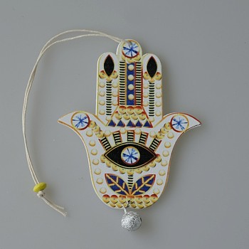 Wood Hamsa Hand/Hand of Miriam with Evil Eye Hanging Ornament, for Car Rear View Mirror Decoration, Floral White, 100mm