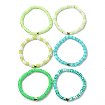 Handmade Polymer Clay Heishi Beads Stretch Bracelets Sets, with Golden Plated Stainless Steel Spacer Beads, Green, Inner Diameter: 2 inch(5.2cm), 6pcs/set