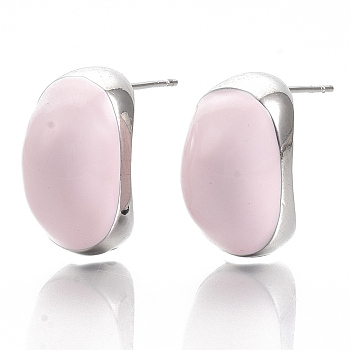 (Jewelry Parties Factory Sale)Alloy Enamel Stud Earring, with Stainless Steel Pins, Letter C Shape, Platinum, Pink, 25x19x12mm, Pin: 1mm