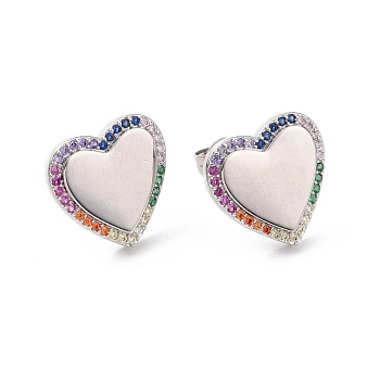 Colorful Cubic Zirconia Heart Stud Earrings, Rack Plating Brass Jewelry for Women, Cadmium Free & Lead Free, Platinum, 14.5x15mm, Pin: 0.7mm