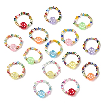 Glass Seed & Acrylic Smiling Face Beaded Stretch Ring, Mixed Color, Inner Diameter: 17~18mm