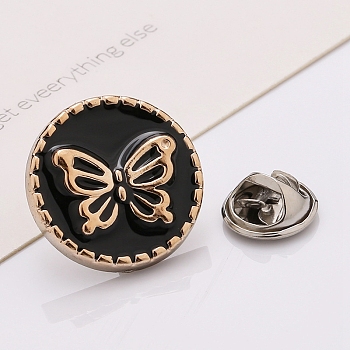 Plastic Brooch, Alloy Pin, with Enamel, for Garment Accessories, Round with Butterfly, Black, 18mm