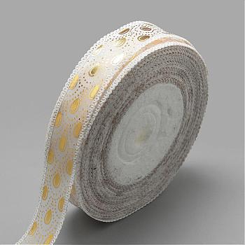 Single Face Printed Polyester Satin Ribbon, Golden Teardrop Pattern, White, 7/8 inch(23mm), about 50yards/roll