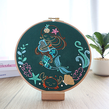 Mermaid Pattern DIY Embroidery Kit, including Embroidery Needles & Thread, Cotton Linen Cloth, Teal, 330x330mm