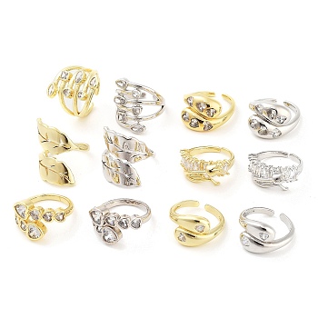 Rack Plating Brass Micro Pave Cubic Zirconia Finger Ring, Long-Lasting Plated, Cadmium Free & Lead Free, Mixed Shapes, Platinum & Golden, 12~22mm, US Size 6(16.5~17.5mm), 12pcs/box