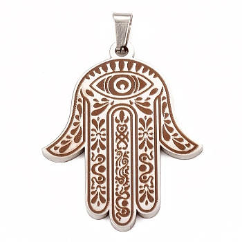 304 Stainless Steel Pendants, Hamsa Hand/Hand of Miriam with Eye Charm, Stainless Steel Color, 33x24x1mm, Hole: 4.5x3mm