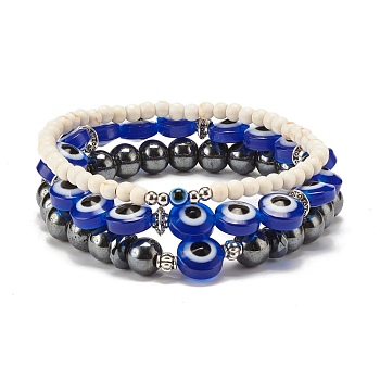 3Pcs 3 Style Synthetic Turquoise(Dyed) & Hematitie Round Beaded Stretch Bracelets Set, Flat Round with Evil Eye Lucky Bracelets for Women, Blue, Inner Diameter: 2-1/8 inch(5.35~5.5cm), 1pc/style