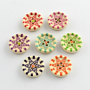 4-Hole Printed Wooden Buttons, Flat Round, Mixed Color, 20x5mm, Hole: 2mm(BUTT-R032-077)