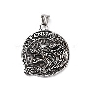 304 Stainless Steel Pendants, Flat Round with Wolf & Helm of Awe, Antique Silver, 43.5x37.5x5mm, Hole: 4x8.5mm(STAS-J039-04AS)