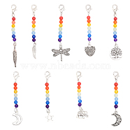 18Pcs 9 Style Chakra Theme Natural & Dyed Malaysia Jade Beaded Pendant Decorations, with Lobster Claw Clasps, Tibetan Style Alloy Pendants, Feather/Elephant/Dragonfly/Heart, Mixed Color, 4.9~7.6cm, 2pcs/style(HJEW-CA0001-47)
