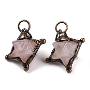 Natural Rose Quartz Merkaba Star Pendants, Brass Star Charms with Jump Rings, Red Copper, 36x30x24mm, Hole: 7mm(G-C144-01R-02)