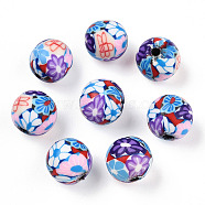 Handmade Polymer Clay Beads, Round with Flower Pattern, Cornflower Blue, 10mm, Hole: 1.5~2mm(CLAY-T020-39A)