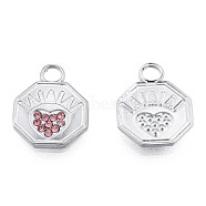 304 Stainless Steel Pendants, with Light Rose Rhinestone, Octagon with Heart, Stainless Steel Color, 16.5x12.5x2mm, Hole: 3mm(STAS-N098-154P)