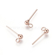 304 Stainless Steel Stud Earring Findings, with Loop, Round, Rose Gold, 14x3mm, Hole: 2mm, Pin: 0.8mm, Round: 3mm(X-STAS-H410-10RG)