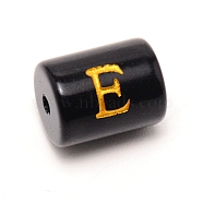 Painted Glass Beads, Black Column with Gold Letter, Letter.E, 13.7x10mm, Hole: 1.5mm(GLAA-TAC0009-01E)