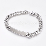 304 Stainless Steel Curb Chain ID Bracelets, with Lobster Claw Clasps, Stainless Steel Color, 8-1/2 inch(21.5cm)(BJEW-G631-04P)