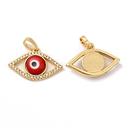 Rack Plating Brass Micro Pave Clear Cubic Zirconia Pendants, with Handmade Evil Eye Lampwork, Cadmium Free & Lead Free, Long-Lasting Real 18K Gold Plated, Eye Charm, Red, 15.5x23x4mm, Hole: 6x3mm(LAMP-A153-04G-02)