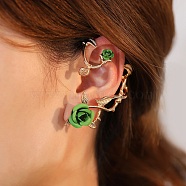 Alloy Rose Climber Wrap Around Stud Earrings for Women, Green, 62x43x14.5mm, Pin: 1mm(EJEW-A096-01D)