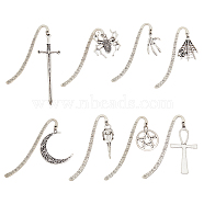 SUPERFINDINGS 1 Set Gothic Style Alloy Hook Bookmarks, Tibetan Style Alloy Big Pendant Bookmarks, Skull/Spider/Ankh Cross, Antique Silver, 110~167mm, 8 style, 1pc/style, 8pcs/set(AJEW-FH0003-75)