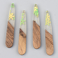 Transparent Resin & Walnut Wood Pendants, with Snowflake Glitter Sequins, Teardrop, Clear, 44x7.5x3mm, Hole: 1.5mm(RESI-S389-039A-D01)