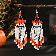 Ghost Patterned Halloween Style Beaded Tassel Earrings for Women, Platinum, 85x29mm(HQ9130)