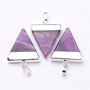 Triangle Shaped Natural Gemstone Pendants, with Silver Color Plated Brass Findings, 32~35x22~25x6mm, Hole: 5x8mm(G-F0135-02P)