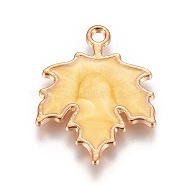 Autumn Theme Zinc Alloy Pendants, with Enamel, Maple Leaf, Light Gold, Yellow, 24x19x2mm, Hole: 1.6mm(X-ENAM-I023-06KCG-03)