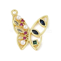 Brass Micro Pave Cubic Zirconia Pendants, with Glass and Imitation Pearl, Butterfly, Real 18K Gold Plated, 21x19x3.5mm, Hole: 1.6mm(KK-B114-04G)