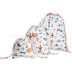 Cotton and Linen Cloth Pouches, Drawstring Bags, with Vehicle Pattern, Colorful, 16.1~31.6x14~26cm, 3pcs/set(ABAG-NB0001-03)