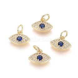 Brass Micro Pave Cubic Zirconia Charms, with Jump Ring, Long-Lasting Plated, Evil Eye, Blue & Clear, Real 18K Gold Plated, 8.5x11.5x2mm, Hole: 3.5mm(X-ZIRC-G166-15G)