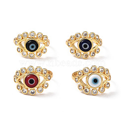 Lampwork Evil Eye Open Cuff Ring with Clear Cubic Zirconia, Real 18K Gold Plated Brass Jewelry for Women, Mixed Color, Inner Diameter: 18mm(RJEW-L104-03G)