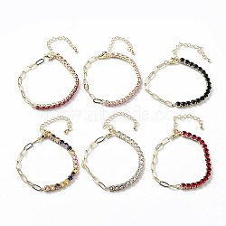 Brass Micro Pave Cubic Zirconia Strass & Paperclip Chain Bracelets, with 304 Stainless Steel Clasp, Mixed Color, 6-1/4x1/8 inch(15.9x0.4cm)(BJEW-C052-04G)