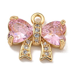 Brass Micro Pave Cubic Zirconia Charms, Real 18K Gold Plated, Bowknot, Pearl Pink, 11.5x13.5x3.5mm, Hole: 1.4mm(KK-U037-18G-01)