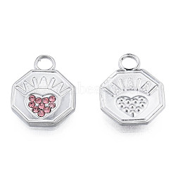 304 Stainless Steel Pendants, with Light Rose Rhinestone, Octagon with Heart, Stainless Steel Color, 16.5x12.5x2mm, Hole: 3mm(STAS-N098-154P)