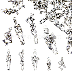 60Pcs 5 Styles Tibetan Style Alloy Pendants, Skeleton, Antique Silver, 24.5~42.5x8.5~16.5x2.5~4.5mm, Hole: 1.5~2.5mm, 12pcs/style(FIND-HY0002-80)
