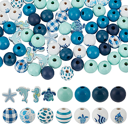 318Pcs Ocean Theme Spray Painted Wood Beads Sets, Mixed Shapes, 15.5~19.5x11.5~20.5mm, Hole: 2.5~4.5mm(WOOD-GO0001-21)