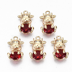 Brass Glass Rhinestone Pendants, with Micro Pave Clear Cubic Zirconia, Long-Lasting Plated, Cadmium Free & Lead Free, Cow, Light Gold, Siam, 15x10x5mm, Hole: 1.4mm(GLAA-S179-30B-RS)