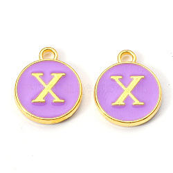 Golden Plated Alloy Enamel Charms, Enamelled Sequins, Flat Round with Letter, Medium Purple, Letter.X, 14x12x2mm, Hole: 1.5mm(ENAM-S118-10X)