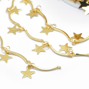 3.28 Feet Brass Scalloped Bar Chains, Star Charms, Long-Lasting Plated, Lead Free & Cadmium Free, Soldered, Real 18K Gold Plated, 16x1x1mm