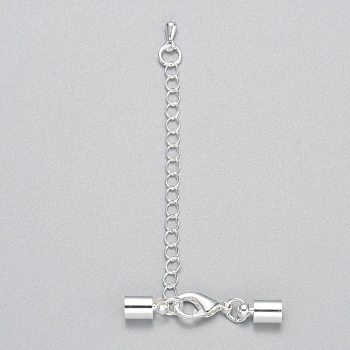 Iron Chain Extender, with Lobster Claw Clasps and Brass Cord Ends, Silver, 33mm, Cord End: 9x5mm, hole: 4mm