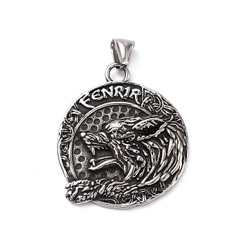 304 Stainless Steel Pendants, Flat Round with Wolf & Helm of Awe, Antique Silver, 43.5x37.5x5mm, Hole: 4x8.5mm