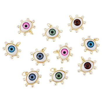 10Pcs 5 Colors Brass Micro Pave Clear Cubic Zirconia Pendants, with Resin, Real 18K Gold Plated, Evil Eye Charms, Mixed Color, 17.5x20.5x6mm, Jump Ring: 6x1mm, Inner Diameter: 4mm, 2pcs/color