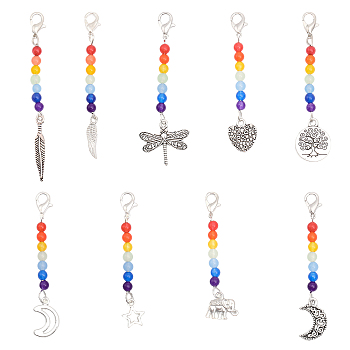 18Pcs 9 Style Chakra Theme Natural & Dyed Malaysia Jade Beaded Pendant Decorations, with Lobster Claw Clasps, Tibetan Style Alloy Pendants, Feather/Elephant/Dragonfly/Heart, Mixed Color, 4.9~7.6cm, 2pcs/style