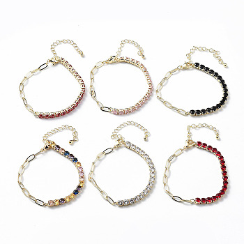 Brass Micro Pave Cubic Zirconia Strass & Paperclip Chain Bracelets, with 304 Stainless Steel Clasp, Mixed Color, 6-1/4x1/8 inch(15.9x0.4cm)