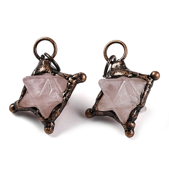 Natural Rose Quartz Merkaba Star Pendants, Brass Star Charms with Jump Rings, Red Copper, 36x30x24mm, Hole: 7mm