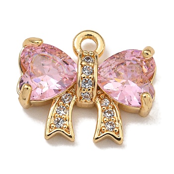 Brass Micro Pave Cubic Zirconia Charms, Real 18K Gold Plated, Bowknot, Pearl Pink, 11.5x13.5x3.5mm, Hole: 1.4mm