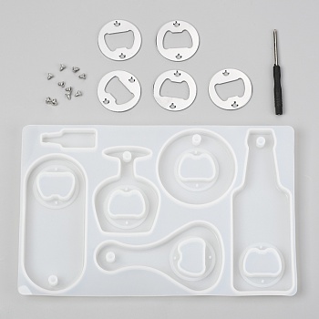 Beer Bottle Opener Mold Kit, Bottle Cap Opener Silicone Mold,  for UV Resin, Epoxy Resin Craft Making, with 5PCS Stell Insert Parts, 10PCS Screw, 1PC Screwdriver, White, 241x154x11mm