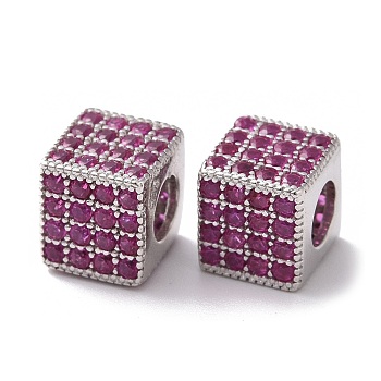 925 Sterling Silver Beads, with Cubic Zirconia, Real Platinum Plated, Cube, Hot Pink, 7x7.5x7.5mm, Hole: 3.8mm
