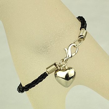 PU Leather Braided Charm Bracelets, with CCB Plastic Pendants and Alloy Lobster Claw Clasps, Black, 180mm