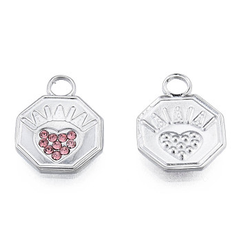 304 Stainless Steel Pendants, with Light Rose Rhinestone, Octagon with Heart, Stainless Steel Color, 16.5x12.5x2mm, Hole: 3mm